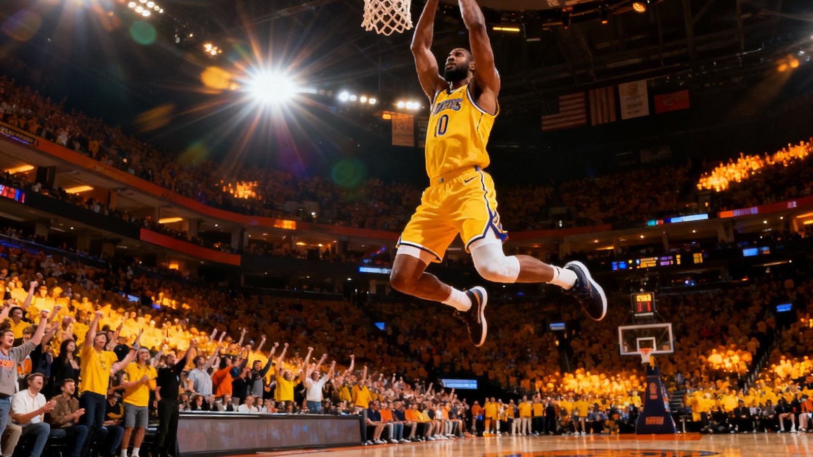 NBA常规赛高清直播画面，篮球场上球员飞身扣篮瞬间，球馆内灯光炫目，观众激情呐喊。